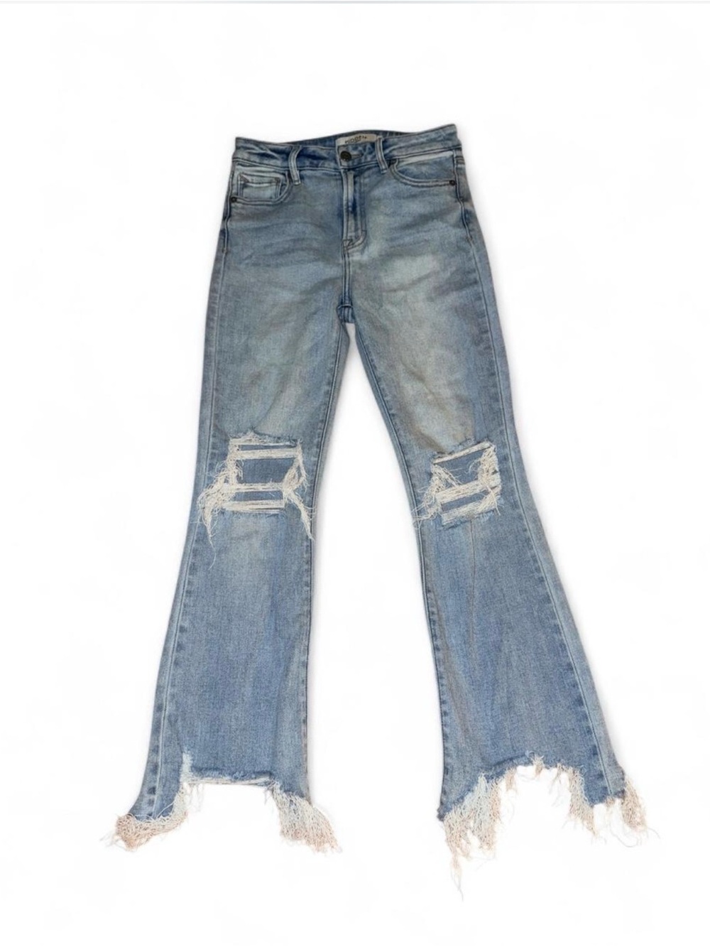 Distressed Light Blue Cropped Flare Jeans
